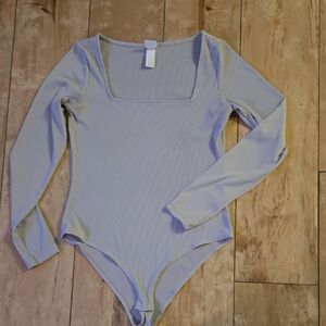 H&M Ribbed Square Neck Long Sleeve Bodysuit - Light Grey